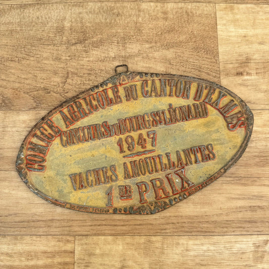 FRENCH VINTAGE AGRICULTURE PLAQUE TROPHY AWARD ANIMALS PRIZE SIGN 1947 0907243 - Fleamarketfrance