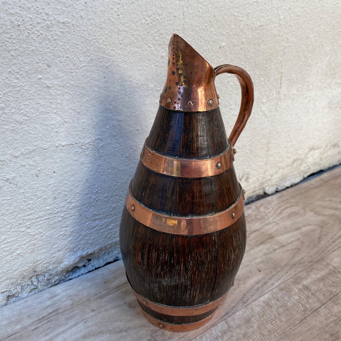 Antique French Oak Staved Wood Wine Pitcher Copper Bands Cider Jug 07072611 Fleamarketfrance