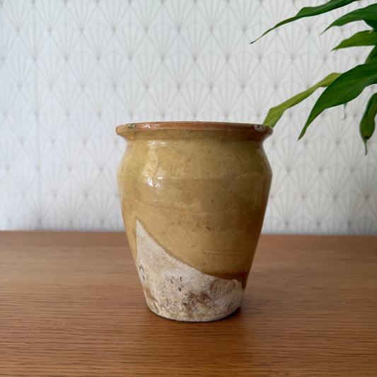 HANDMADE GLAZED YELLOW ANTIQUE FRENCH MUSTARD POT 6 1/2" TERRACOTTA 04072513 Unmarked