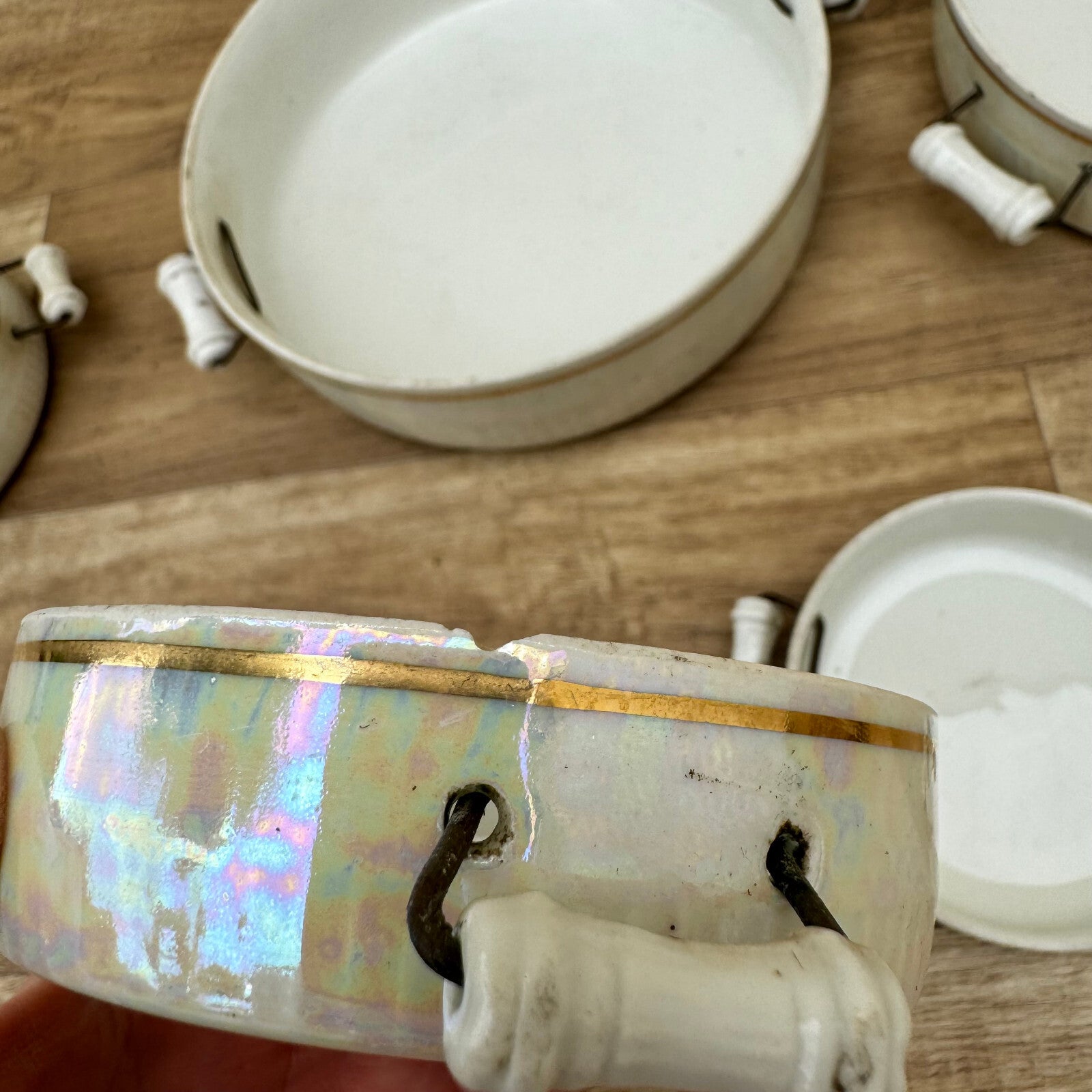 French Porcelain Pans SET 5 flowers handles mother of pearl 0605247 Unbranded