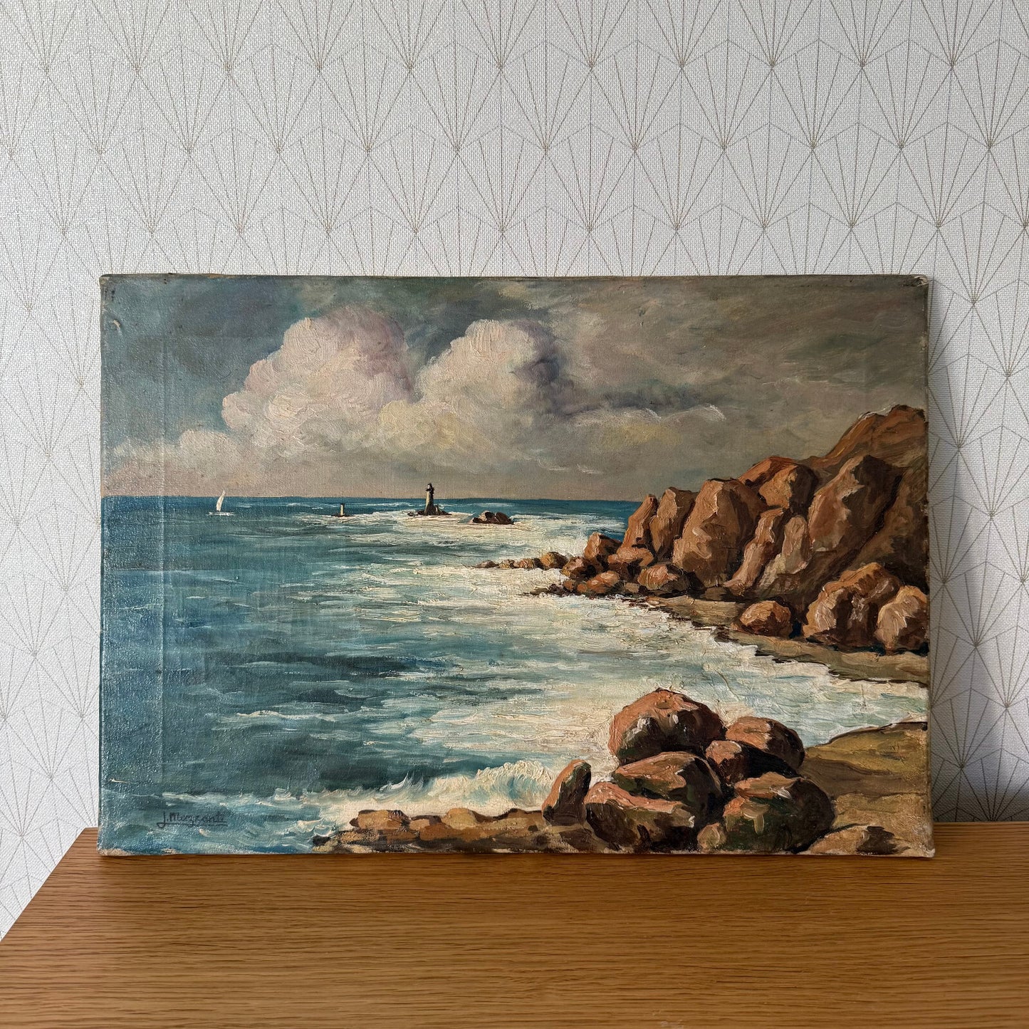 French Coastal Seascape Oil Painting Rocky Shore Lighthouse Vintage 1904256 Does Not Apply