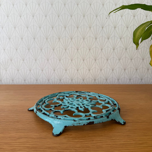 Antique vintage french Cast iron kitchen Trivet  france blue turquoise 2307254