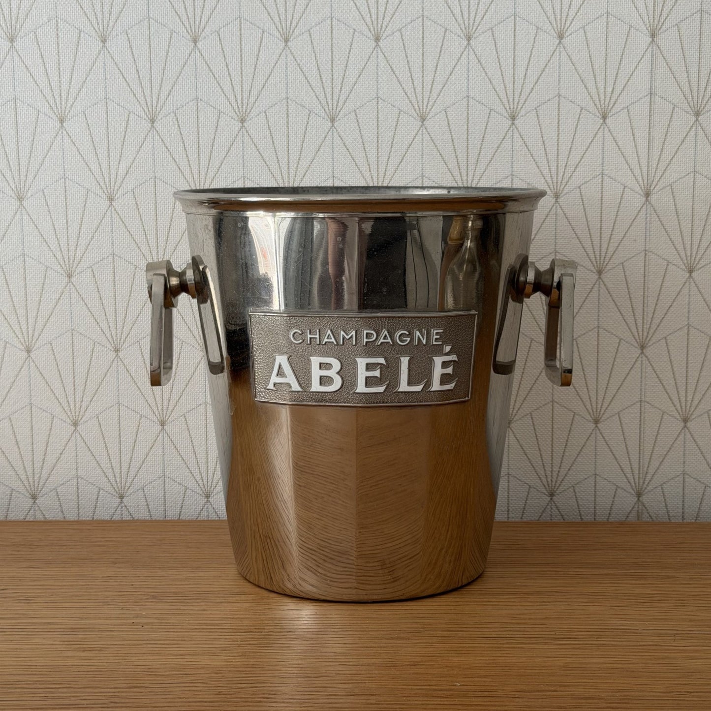 Vintage French ABELE silverplate champagne ice bucket with twin handles, front view