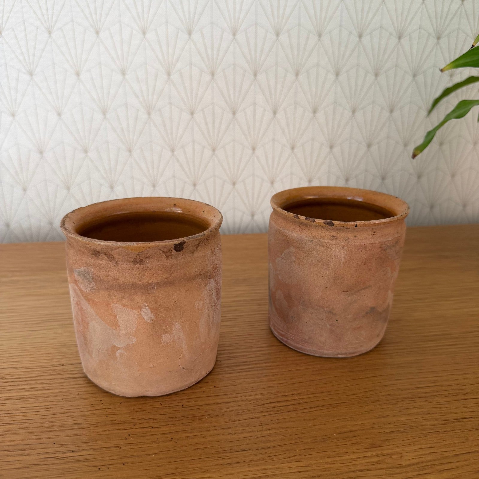 Antique French Confit Pots Pair Handmade Terracotta Kitchen 4" 20102517 Unmarked