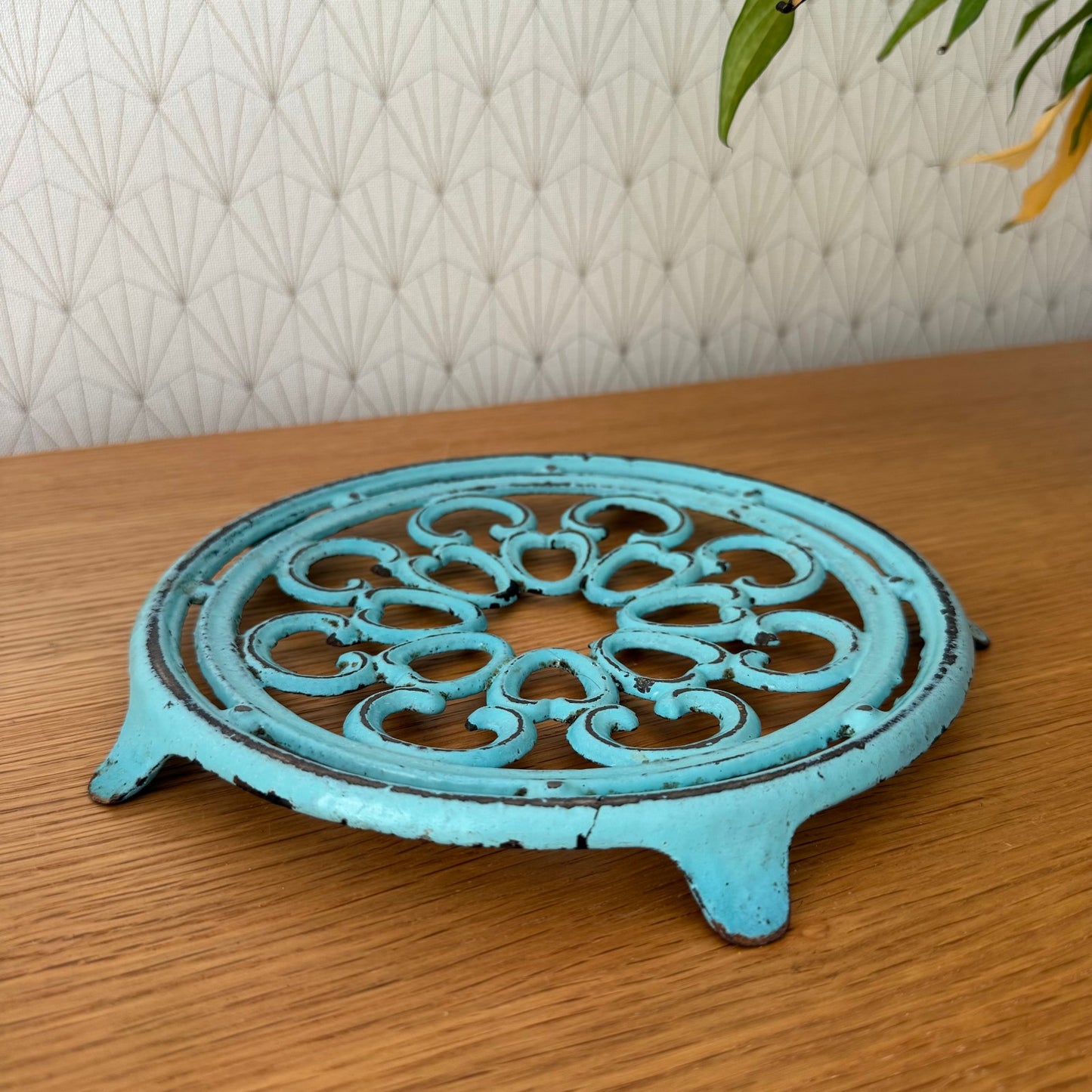 Antique vintage french Cast iron kitchen Trivet  france blue turquoise 0807258