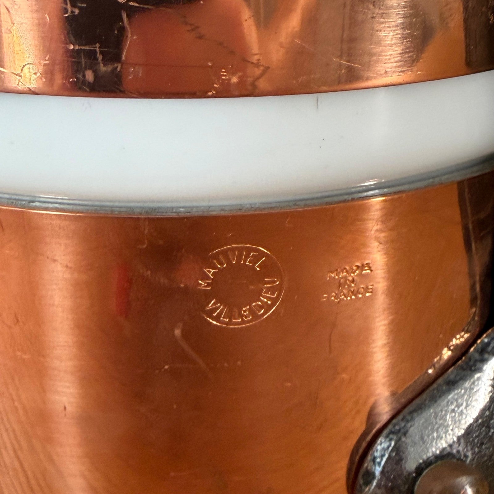 Mauviel Villedieu maker's mark stamped on French copper bain marie double boiler