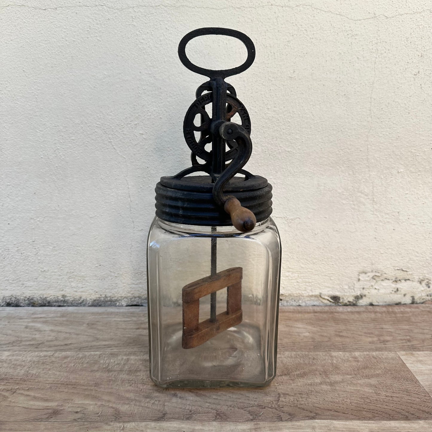 Vintage French Butter Churn Glass Jar Cast Iron Wood Paddle 1930s 2508241 Fleamarketfrance