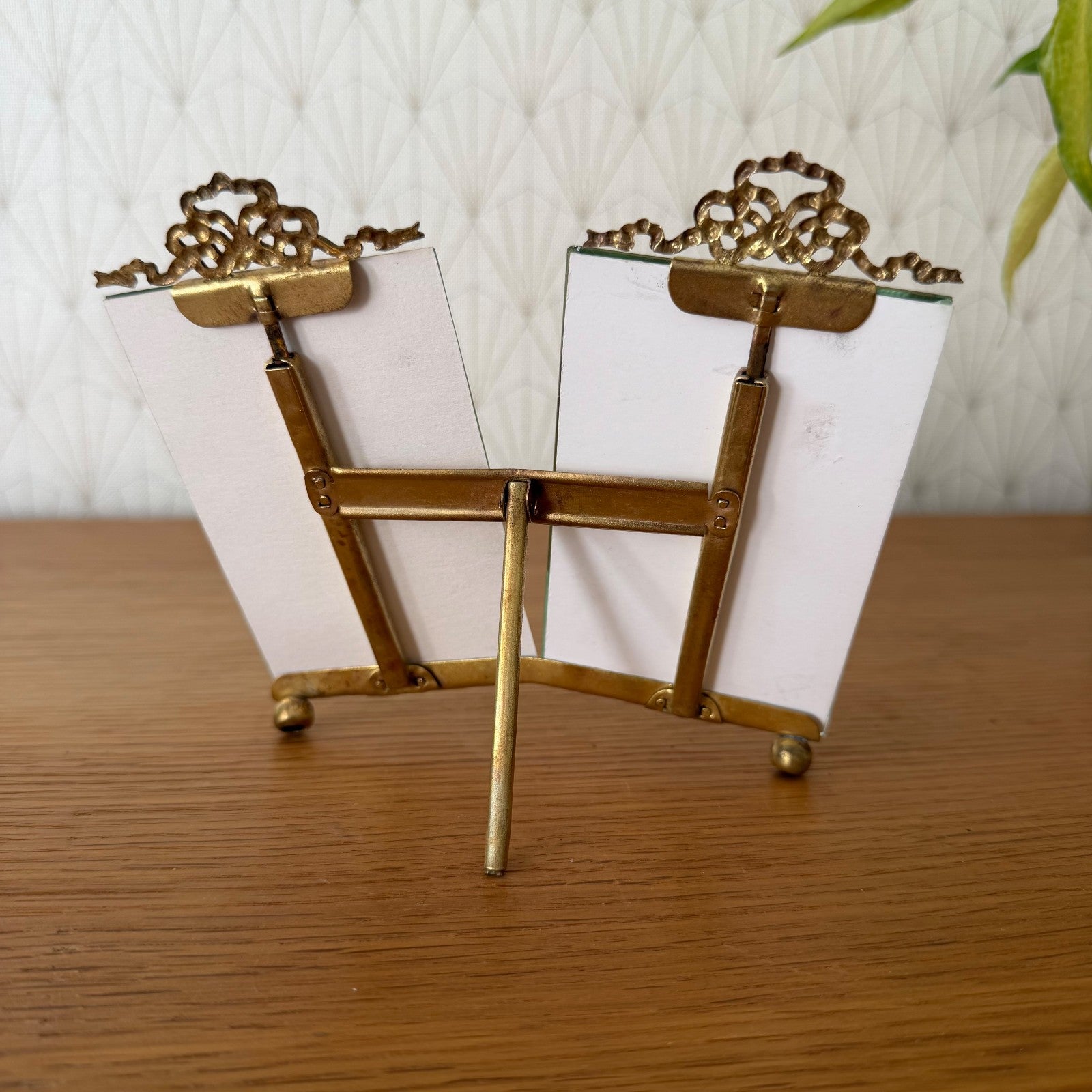 French Vintage Brass Double Photo Frame Ribbon Bow Beveled Glass 27062616 Fleamarketfrance