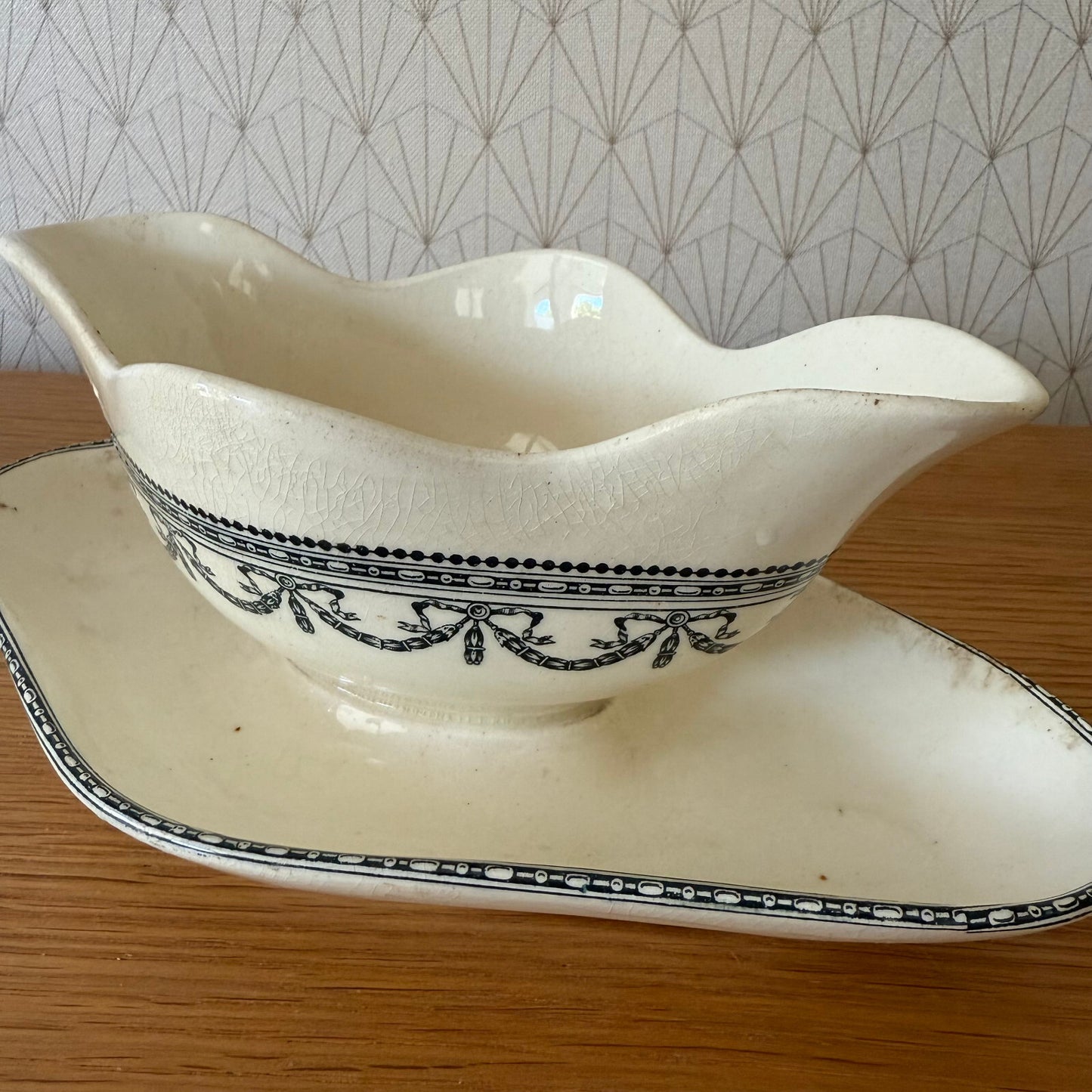 French Ironstone Gravy Boat Louis XVI Garland Salins Transferware 05052514 salins