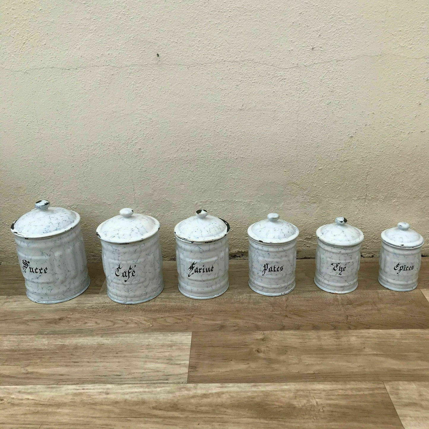 Bistro Francais 6 Canisters Set French Enameled France Vintage 1900 s 07061829 - Fleamarketfrance