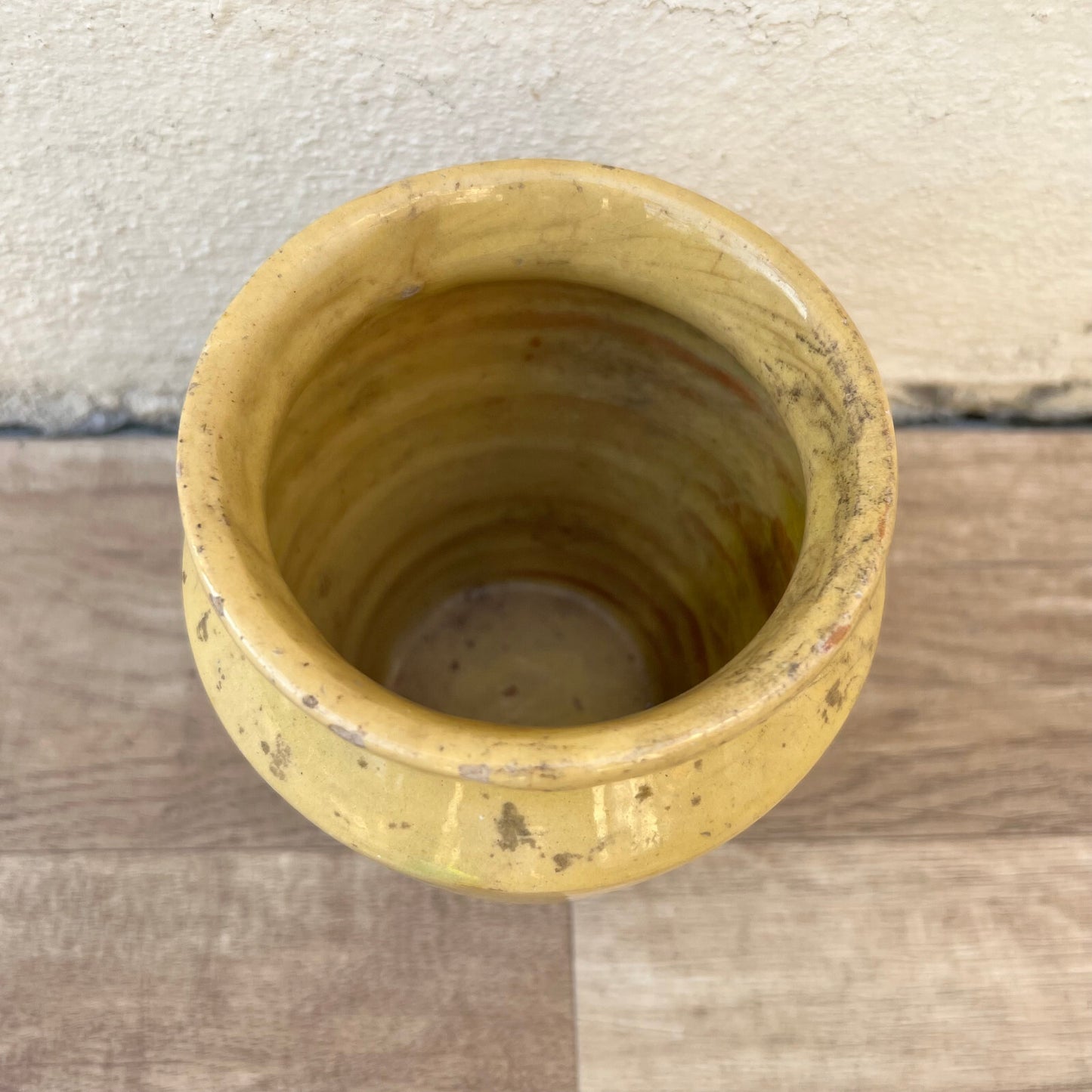 HANDMADE GLAZED YELLOW ANTIQUE FRENCH MUSTARD POT 6" TERRACOTTA 0406251 Unmarked