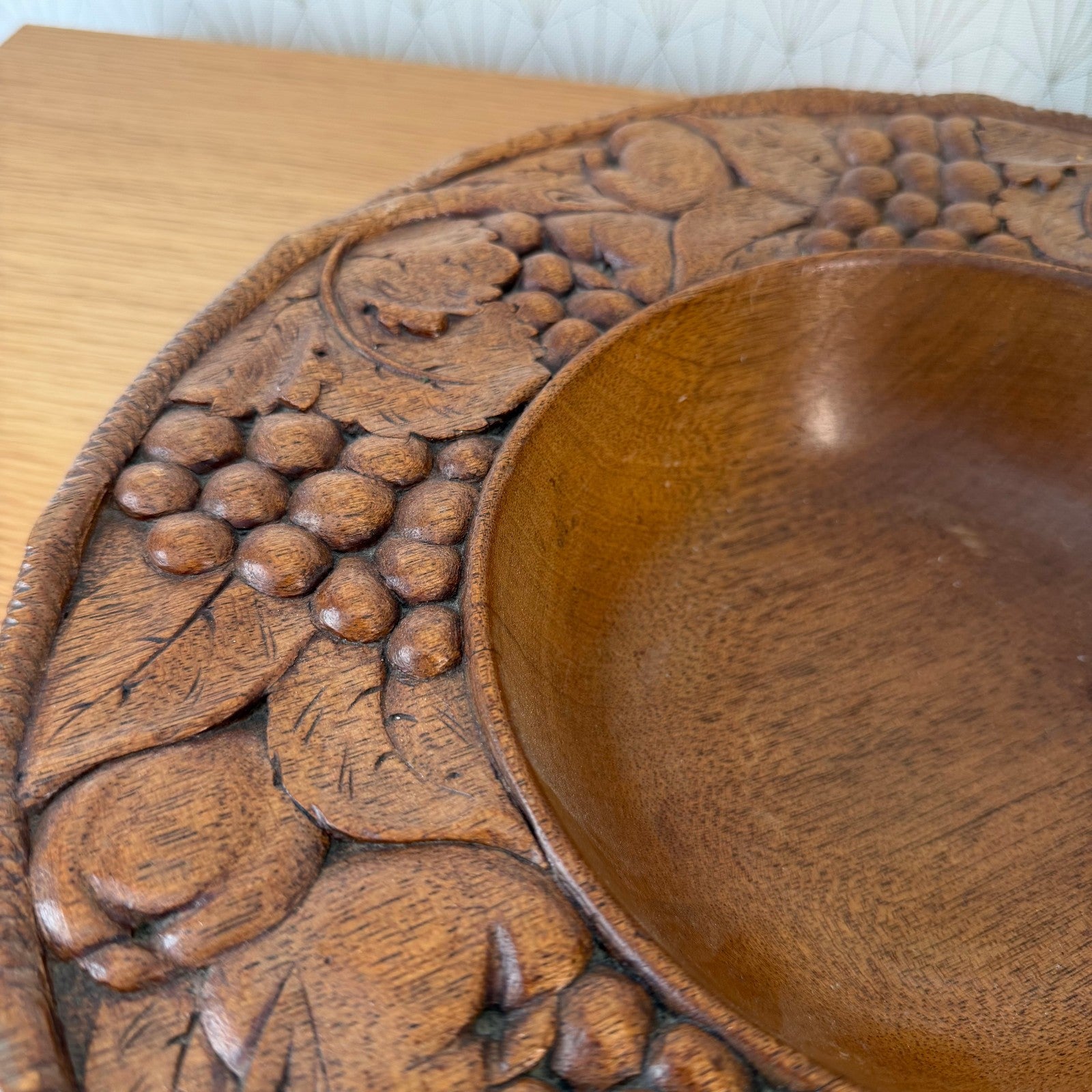 Vintage French Carved Wooden Fruit Bowl Grape Motif 13.6" 1006265 Vermillion Real Walnut
