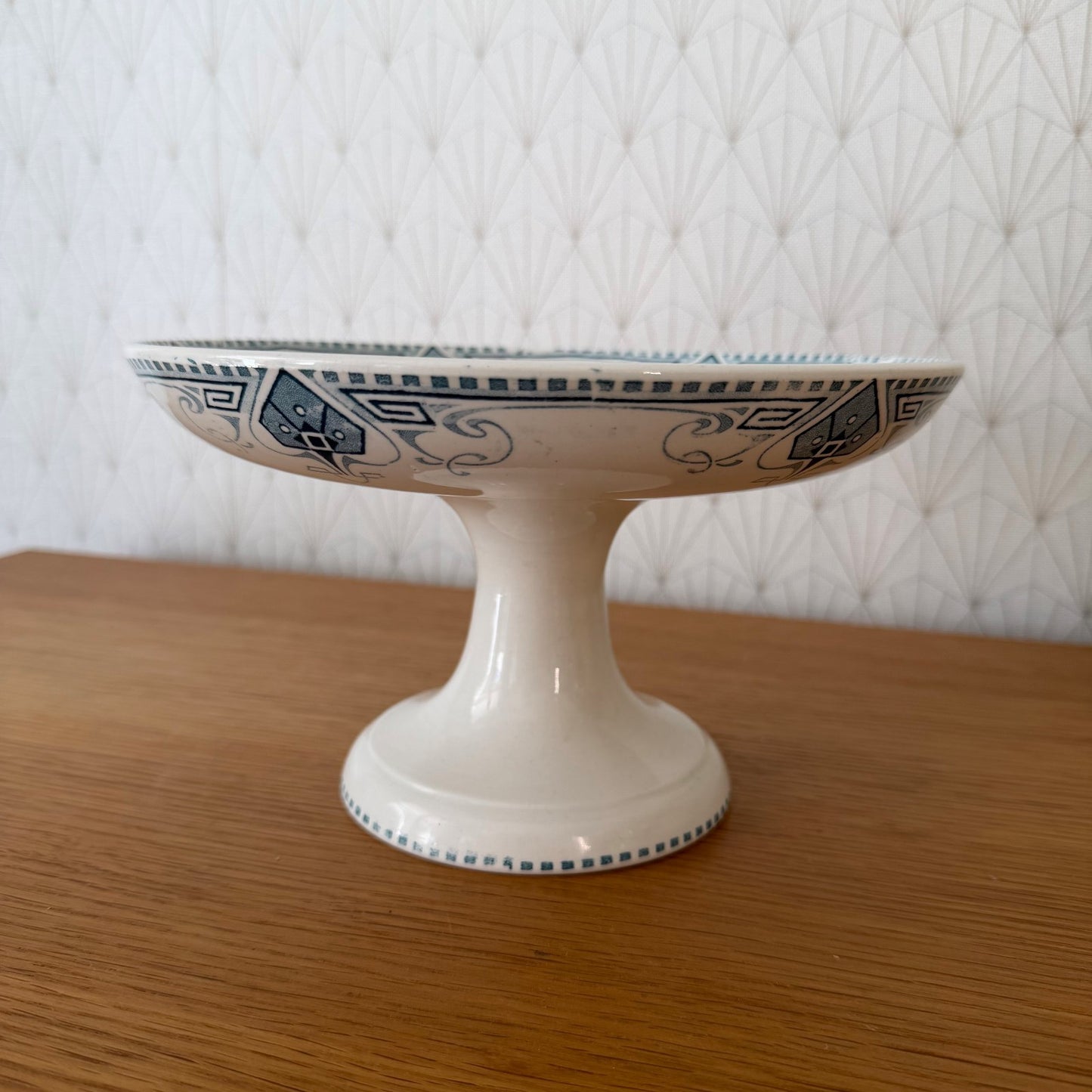 French Antique Sarreguemines Compote Pedestal Bowl Blue White 14072611 Fleamarketfrance