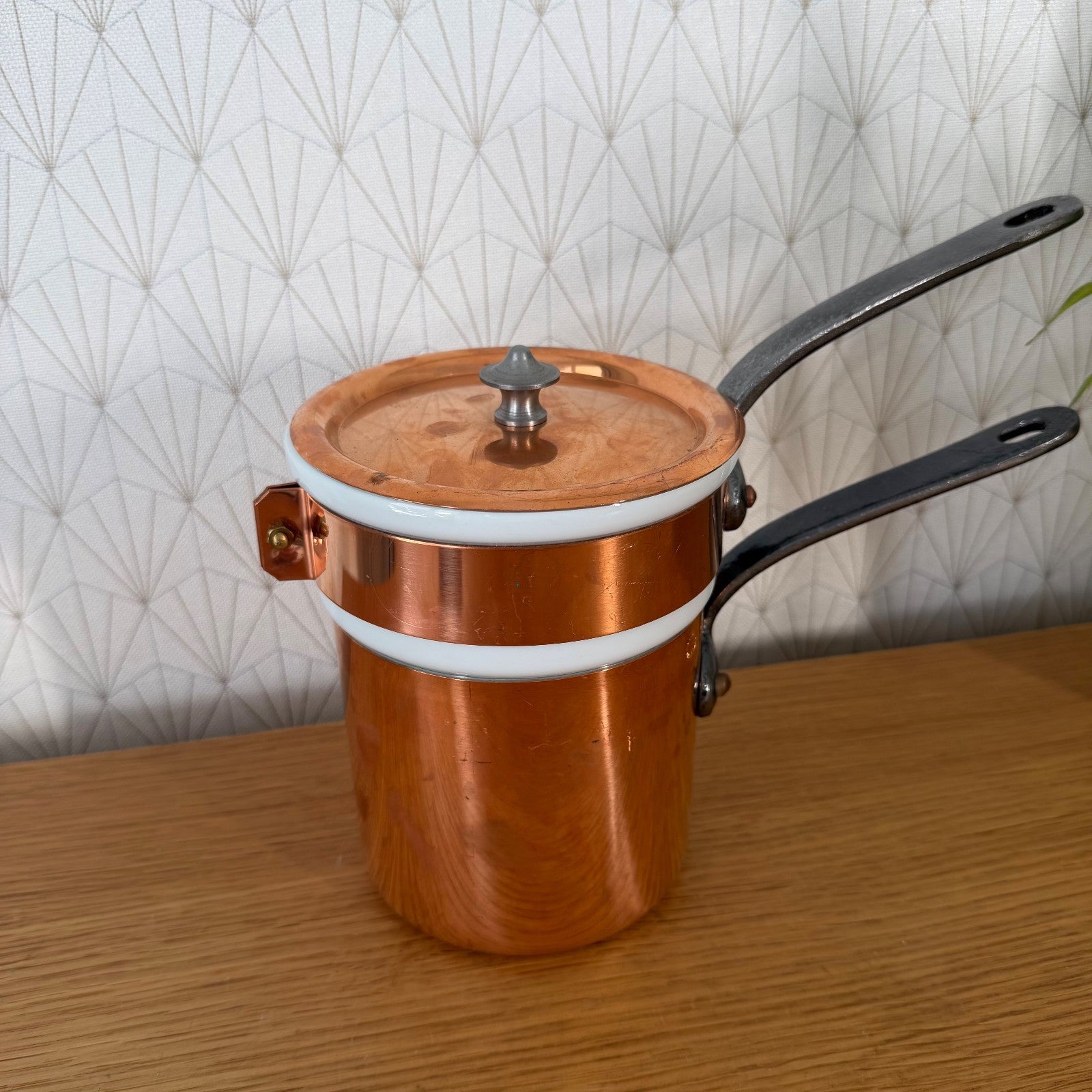 French Mauviel copper bain marie double boiler showing white porcelain rim band and handles
