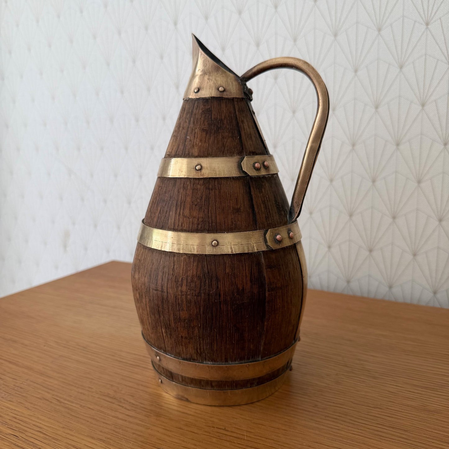 Antique French Wooden Wine Pitcher Staved Wood Brass Bands Cider Jug 0405263 Fleamarketfrance