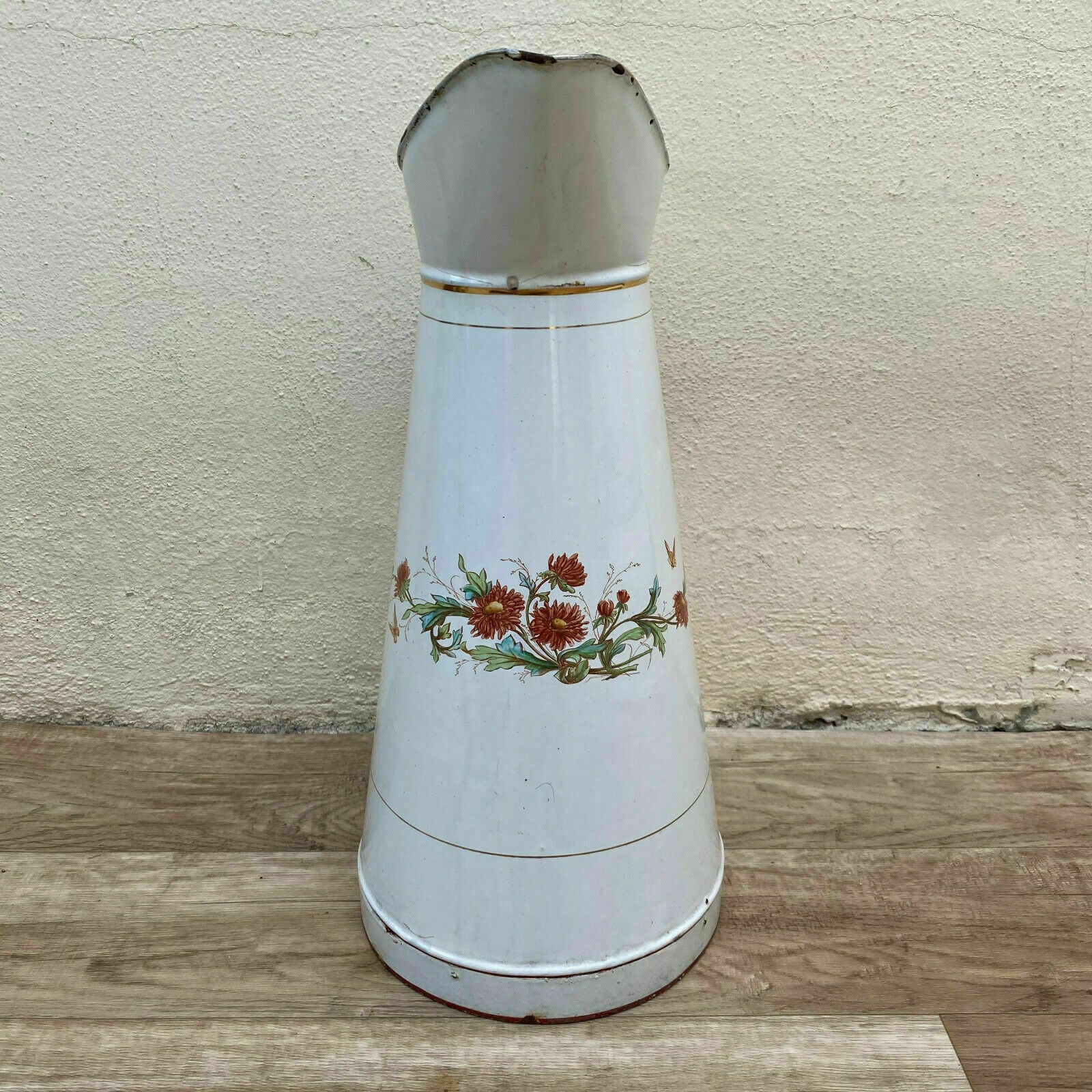 Vintage French JAPY Enamel pitcher jug water enameled white FLOWERS 08112011 - Fleamarketfrance