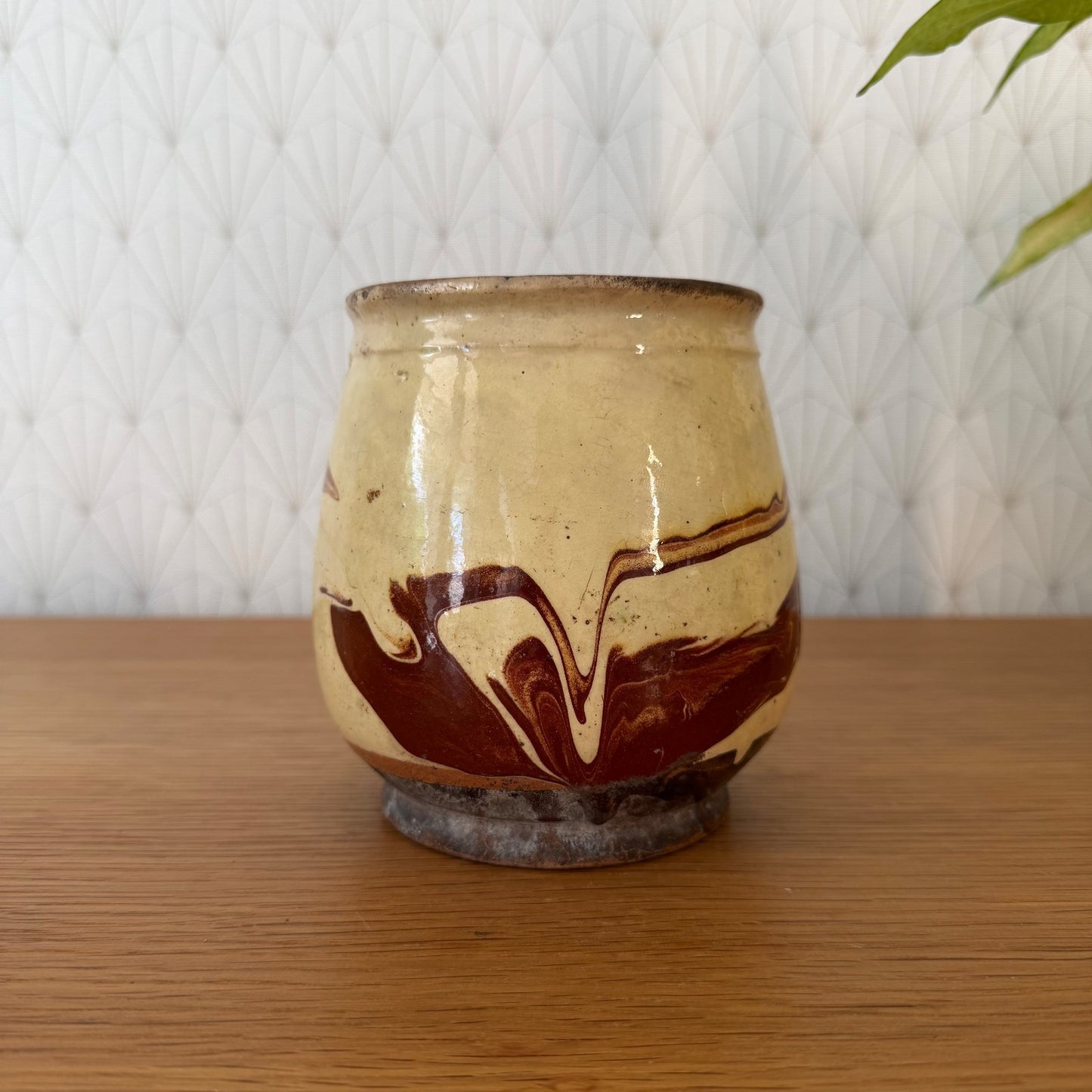 Vintage French Honey Pot Glazed Terracotta Yellow Marbled Brown Round 1006264 Unmarked