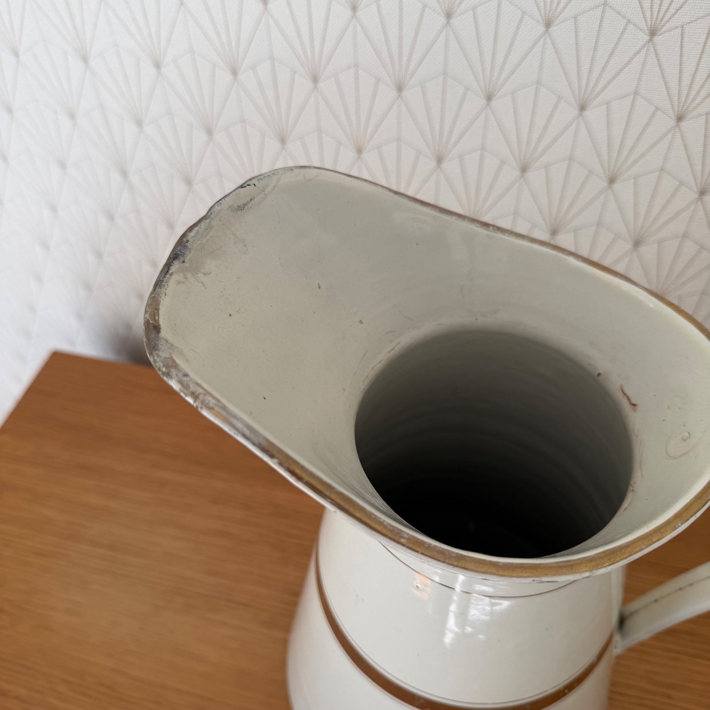 Vintage French Enamel Pitcher White Gold Band Water Jug Antique 1302265 Fleamarketfrance