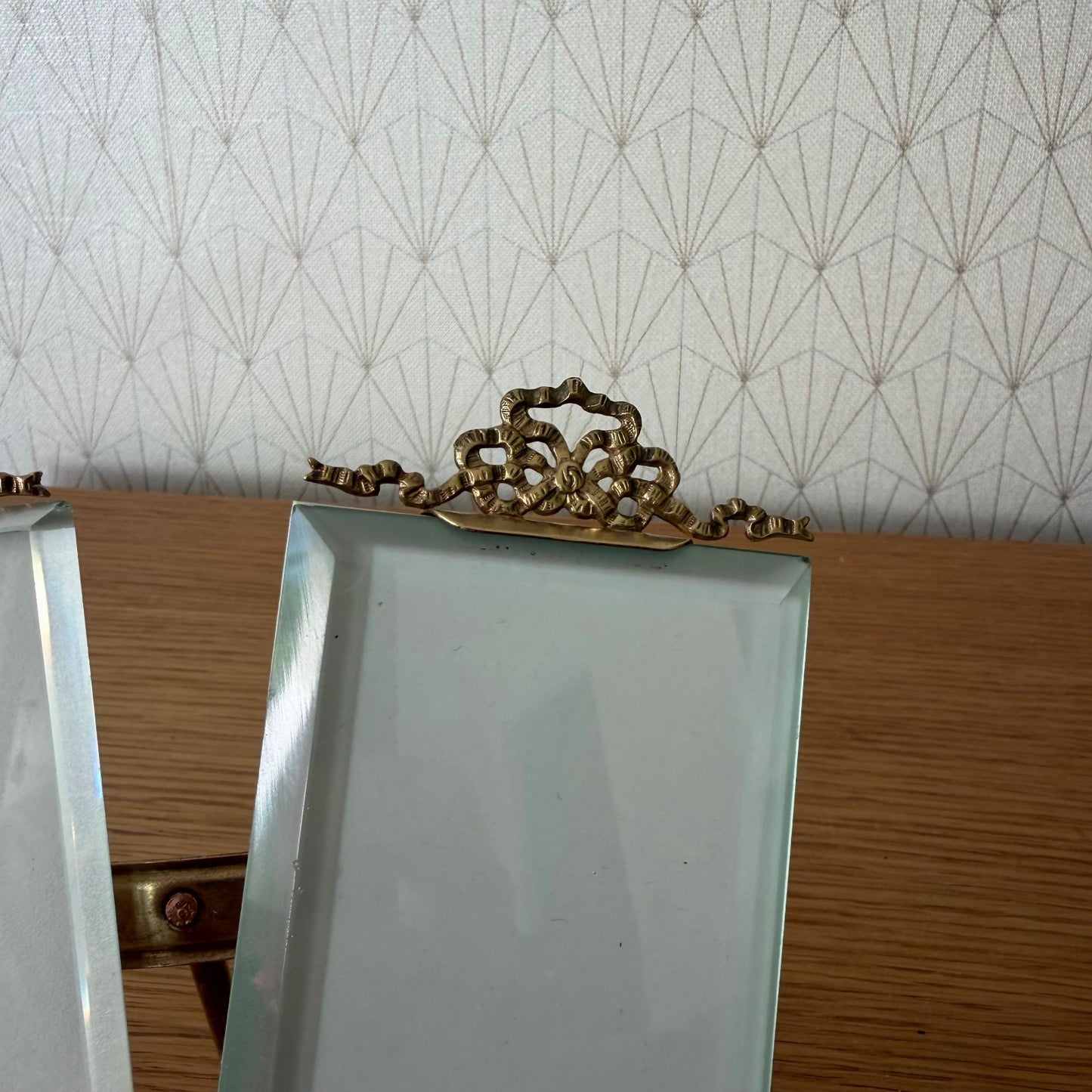French Vintage Brass Double Photo Frame Ribbon Bow Beveled Glass 27062616 Fleamarketfrance