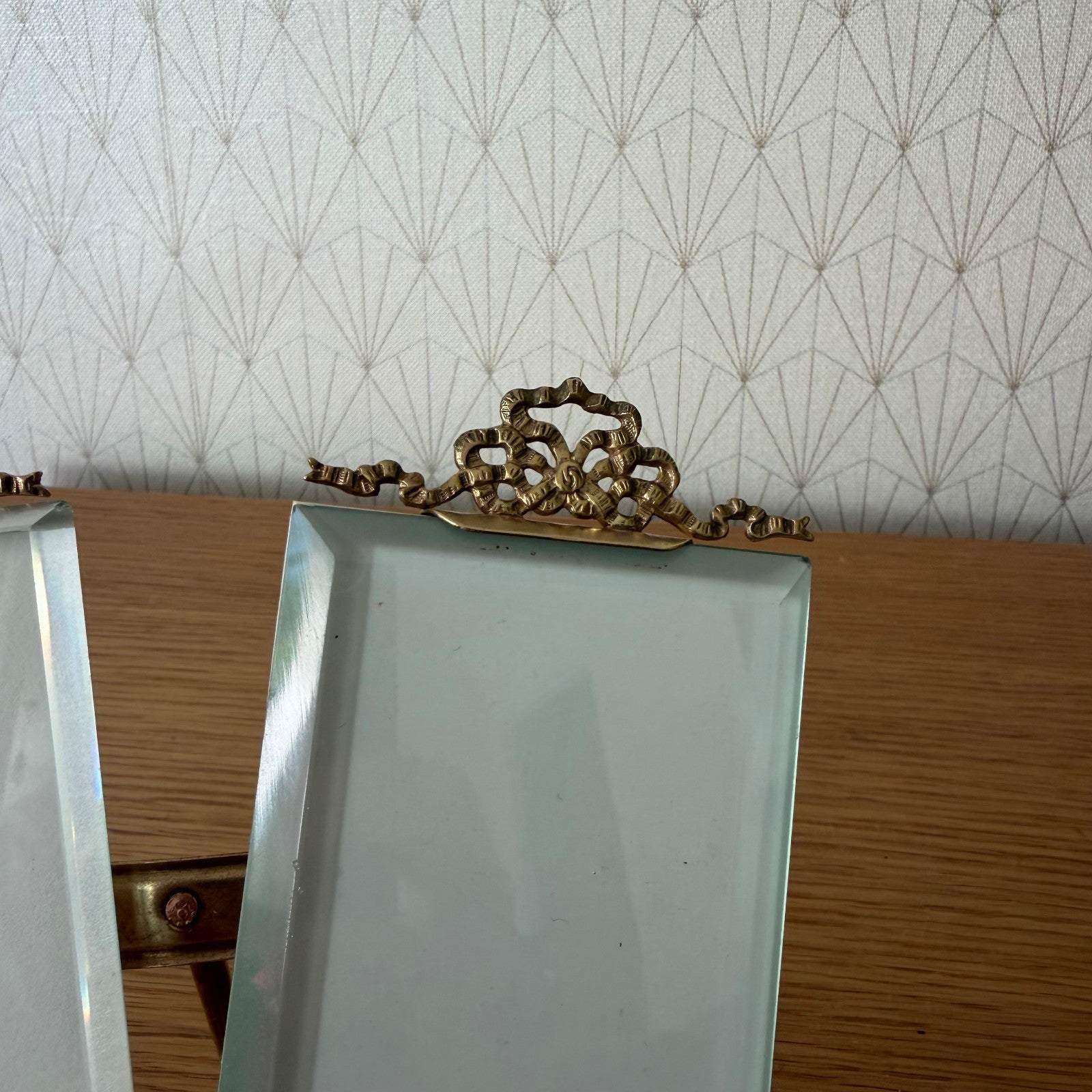 French Vintage Brass Double Photo Frame Ribbon Bow Beveled Glass 27062616 Fleamarketfrance