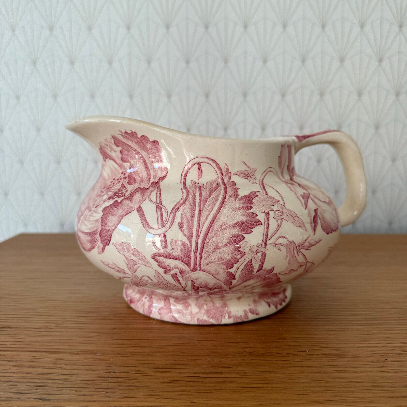 HANDMADE GLAZED WHITE PINK VINTAGE FRENCH PITCHER TERRACOTTA LONGCHAMP 0911248 - Fleamarketfrance