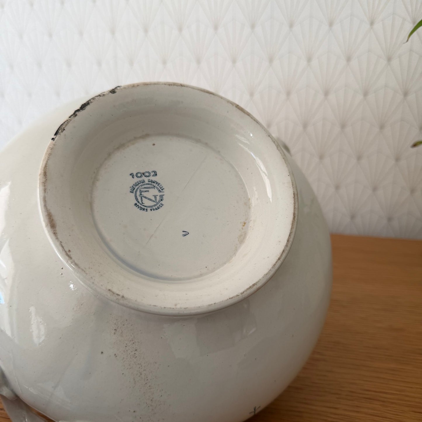French Tureen Earthenware White Blue Fruits Bowl Terre De Fer GIVORS 2409254 Fleamarketfrance : French vintage and antique decor