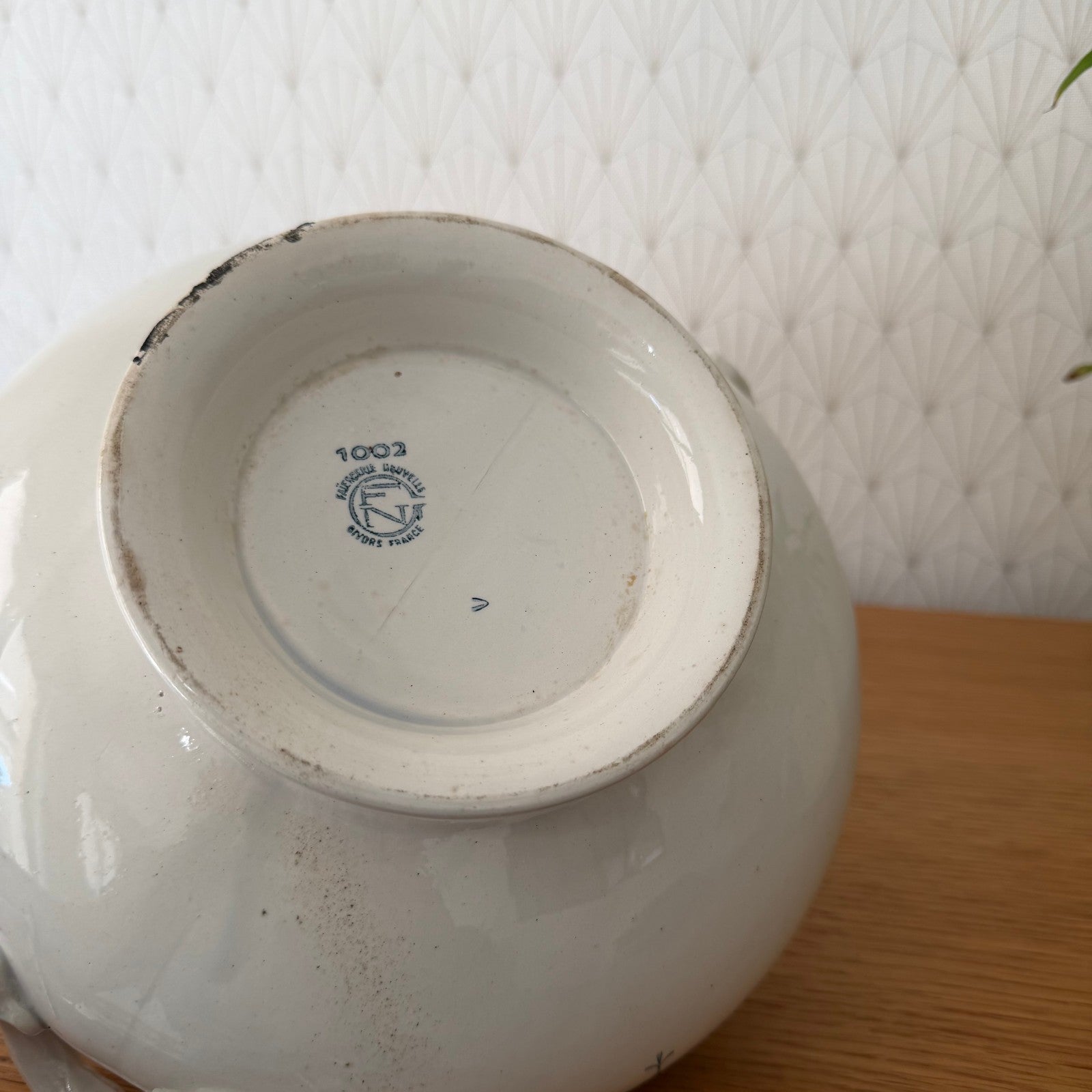 French Tureen Earthenware White Blue Fruits Bowl Terre De Fer GIVORS 2409254 Fleamarketfrance : French vintage and antique decor