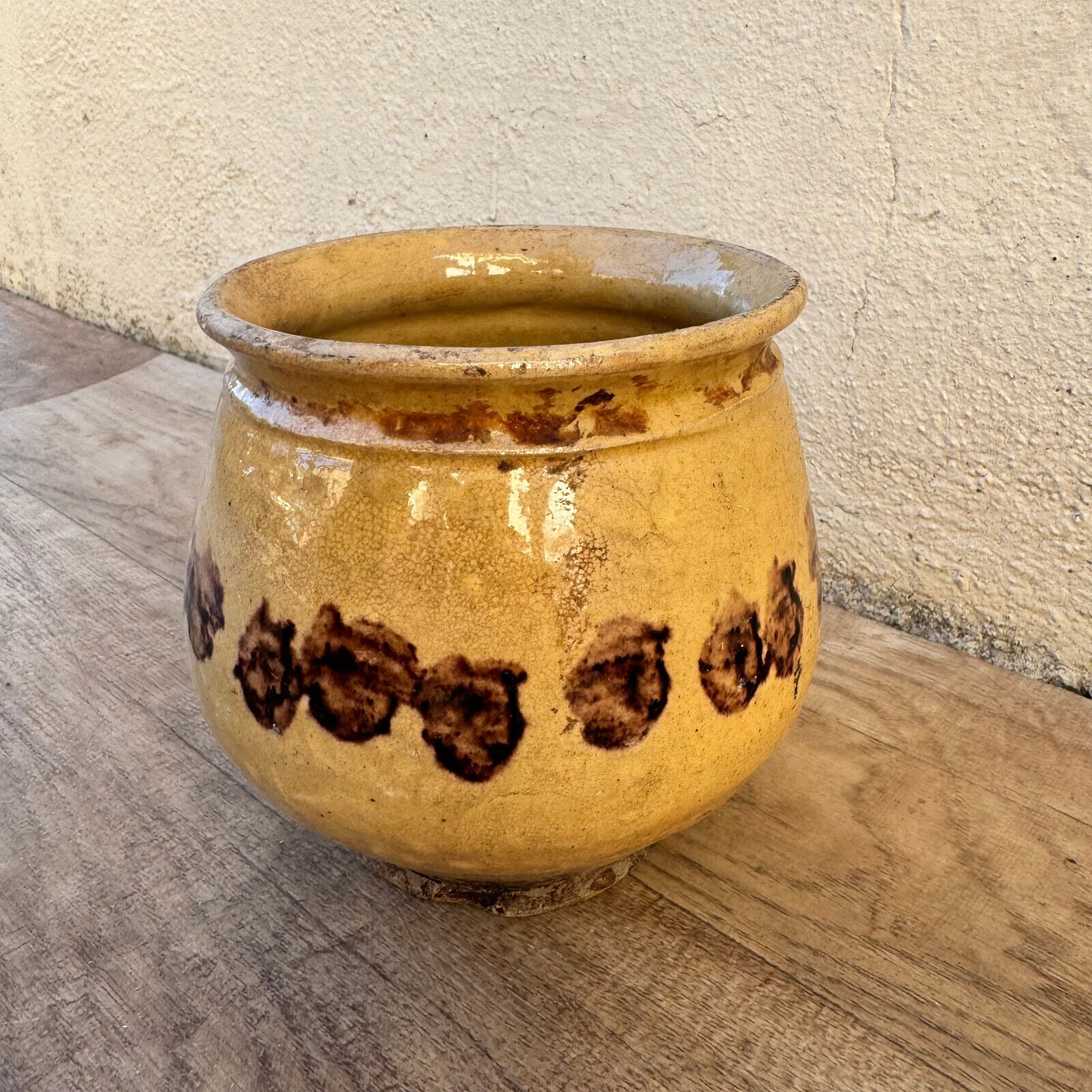 HANDMADE GLAZED BROWN YELLOW ANTIQUE FRENCH HONEY POT TERRACOTTA 1202258 - Fleamarketfrance