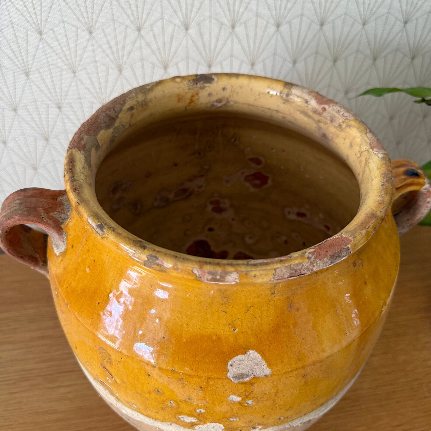 RARE BIG HANDMADE GLAZED YELLOW ANTIQUE FRENCH CONFIT POT TERRACOTTA 2302257 - Fleamarketfrance