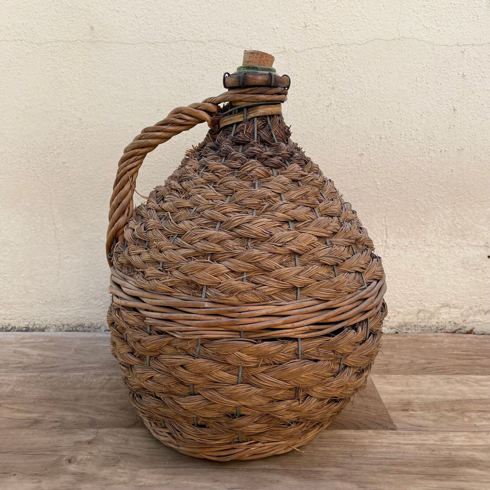 Old French Green Dame Jeanne Demi John Carboy Bottle bonbonne rattan 2710222 - Fleamarketfrance