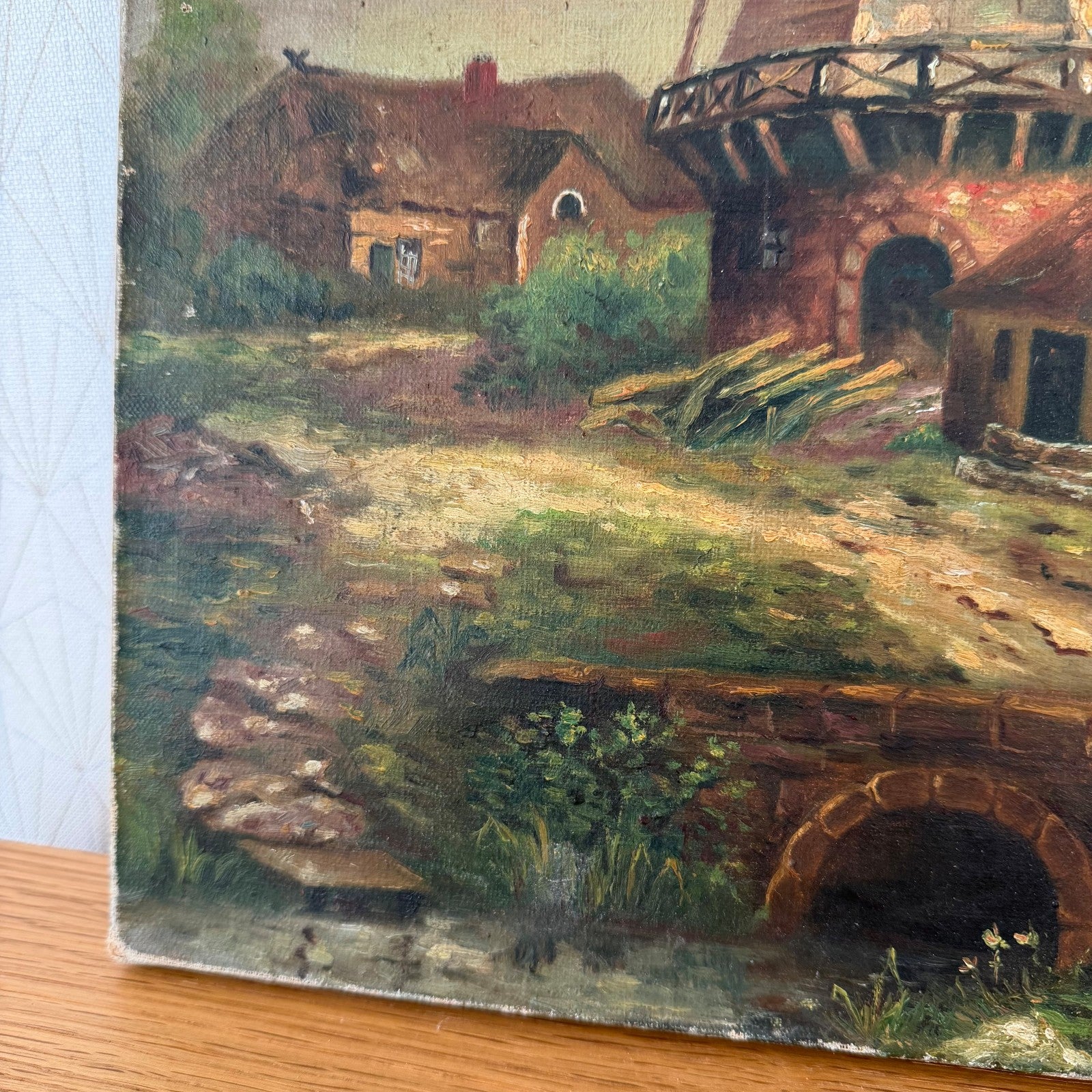 Antique Windmill Oil Painting on Canvas Signed Oscar Paul 1407268 Does Not Apply