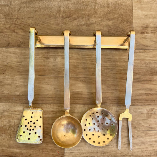 Vintage French Brass Kitchen Utensils Set 4 Pieces Hanging Bar 2307227 Unbranded