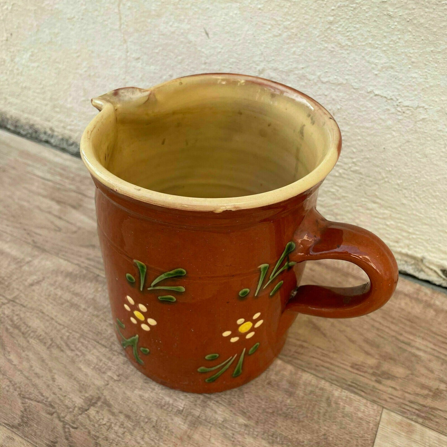 HANDMADE GLAZED GREEN BROWN VINTAGE FRENCH PITCHER TERRACOTTA 0904214 - Fleamarketfrance