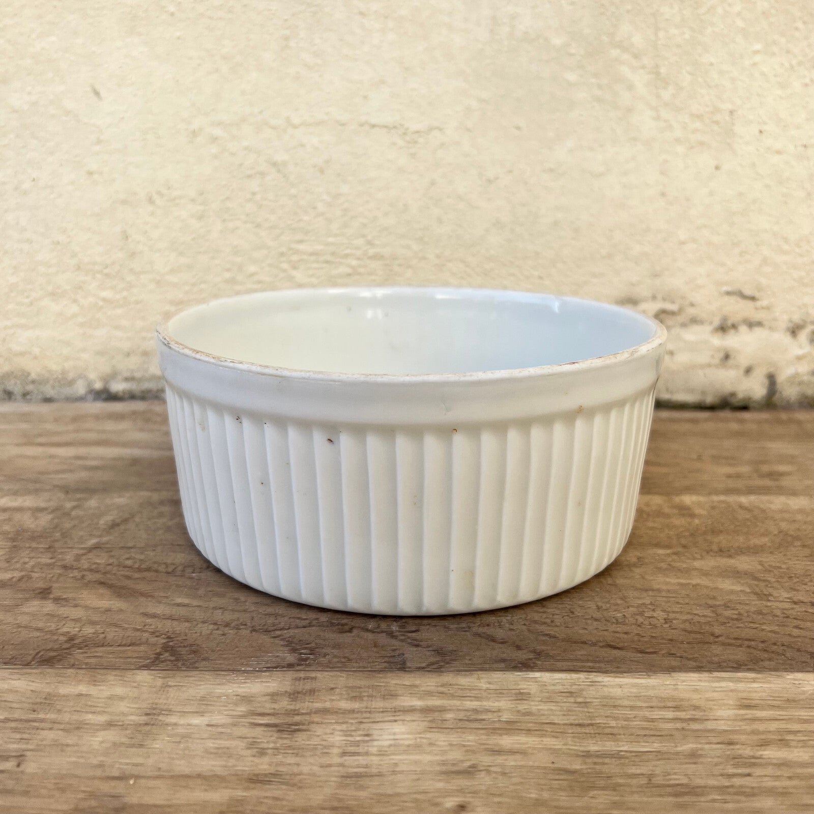 French Porcelain Ramekin White Ribbed Souffle Dish Vintage 1707229 PRECIEUX