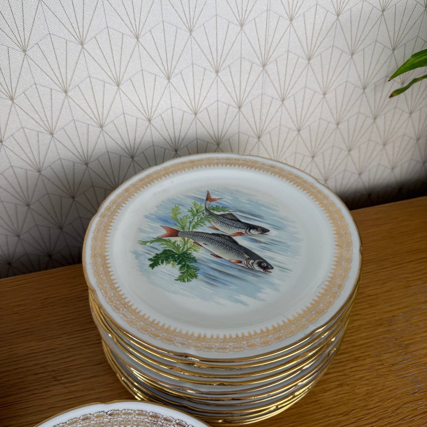 French Fish Plates Vintage Porcelain Set 12 Dinner Plates Serving Tray 2710254 Limoges