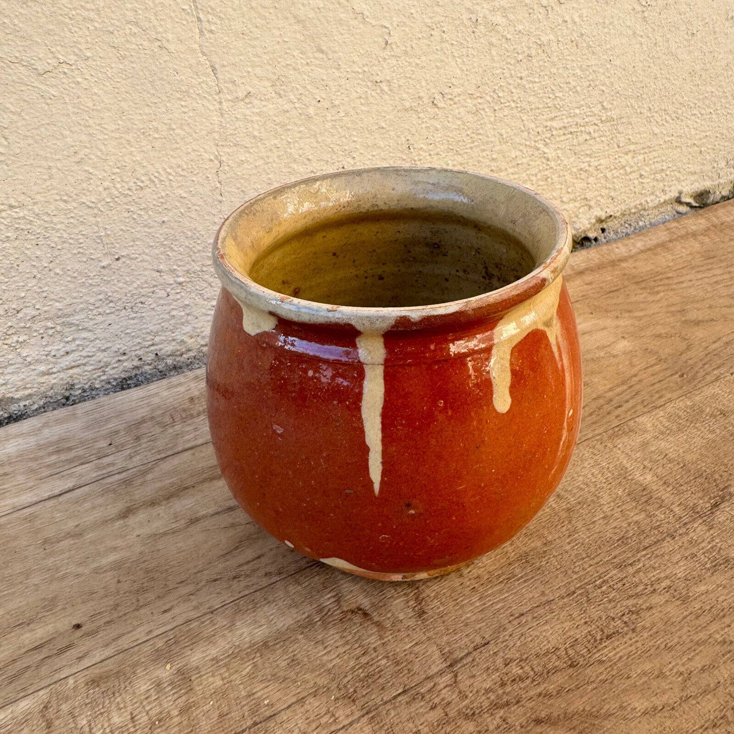 HANDMADE GLAZED RED YELLOW ANTIQUE FRENCH HONEY POT TERRACOTTA 12022510 - Fleamarketfrance