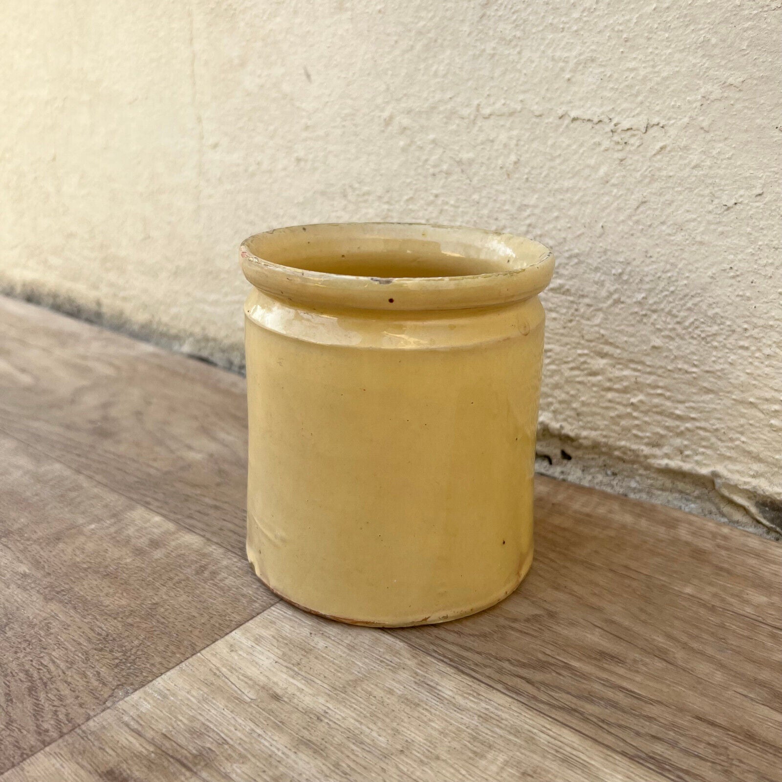 HANDMADE GLAZED YELLOW ANTIQUE FRENCH CONFIT JAM POT 4 1/4" TERRACOTTA  12102411 - Fleamarketfrance