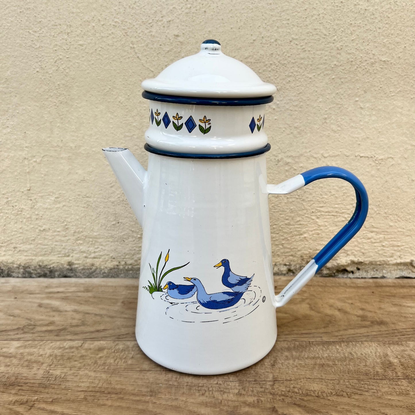 French Enamelware Coffee Pot Duck Pattern White Blue Vintage 26052217 White