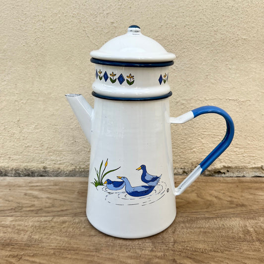French Enamelware Coffee Pot Duck Pattern White Blue Vintage 26052217 White