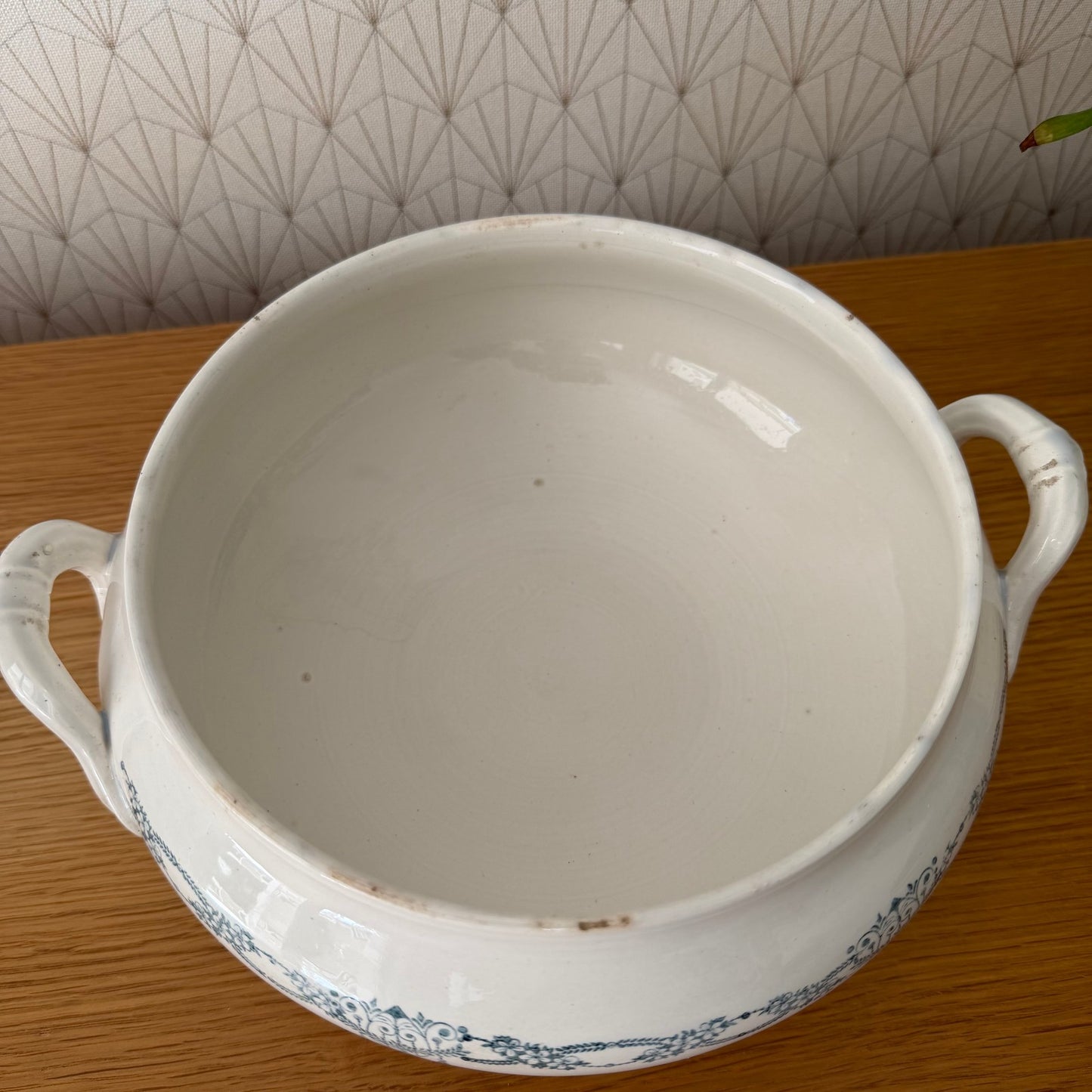 French Tureen Earthenware White Blue Fruits Bowl Terre De Fer GIVORS 2409254 Fleamarketfrance : French vintage and antique decor