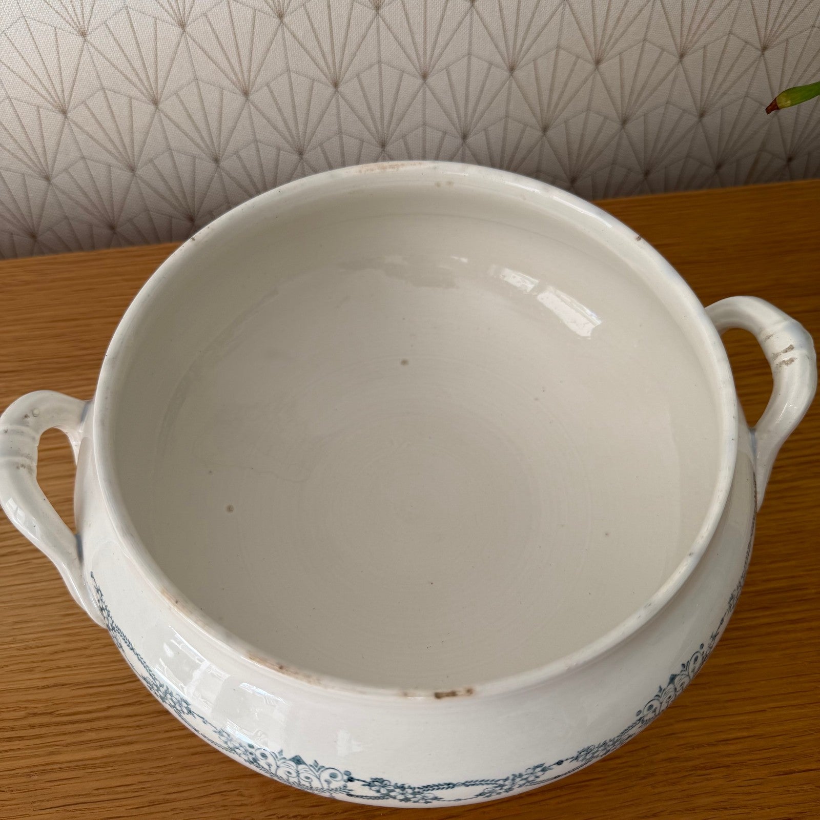French Tureen Earthenware White Blue Fruits Bowl Terre De Fer GIVORS 2409254 Fleamarketfrance : French vintage and antique decor