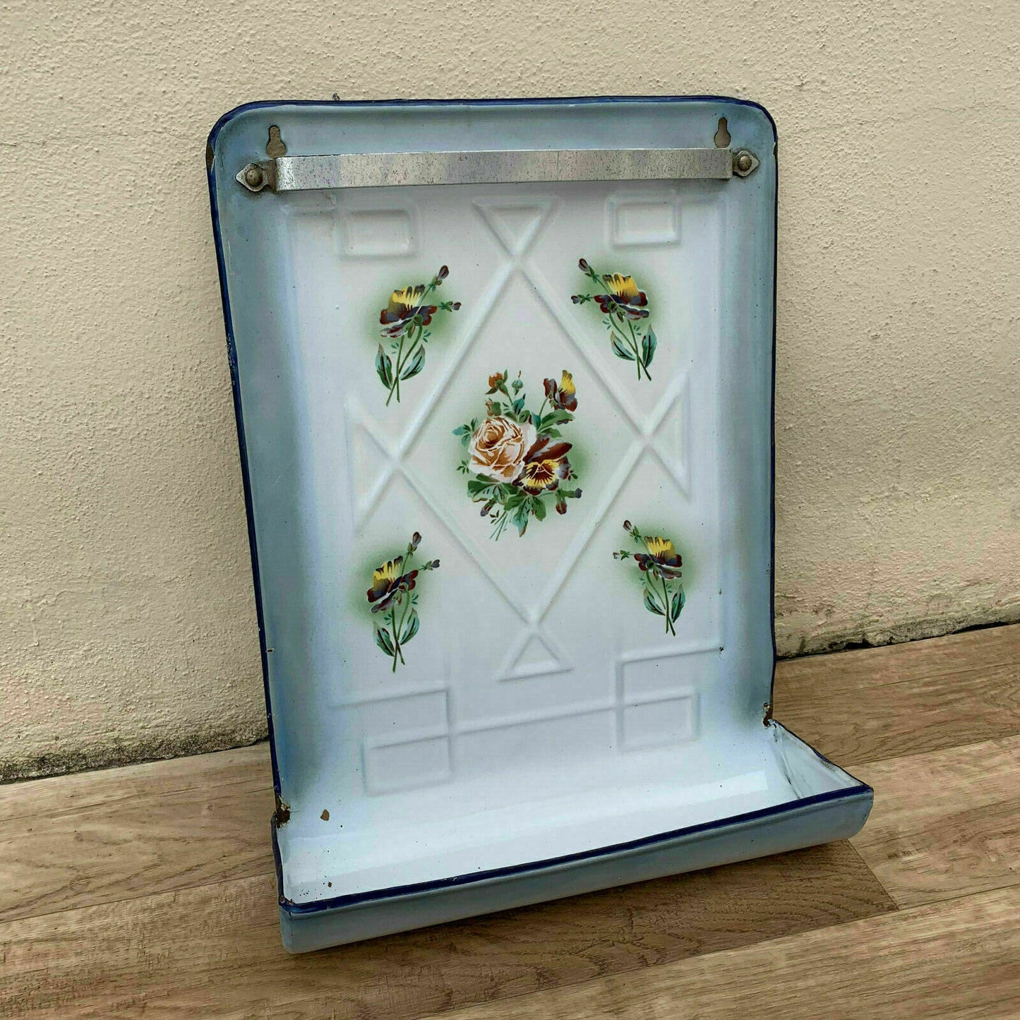 Vintage French Enamel Utensil Holder Blue Floral Wall Rack Kitchen 1107194 Fleamarketfrance