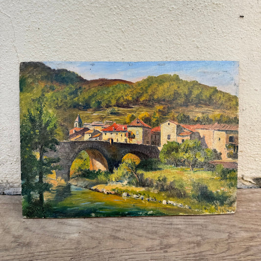 Vintage French Oil Painting Ardeche Village Bridge Signed Wood Panel 0706245 Fleamarketfrance
