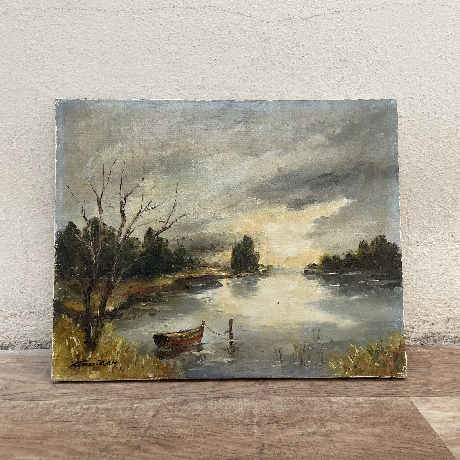 French Oil Painting Lake Landscape Boat Canvas Vintage Art 1930-50 1703252 Does Not Apply