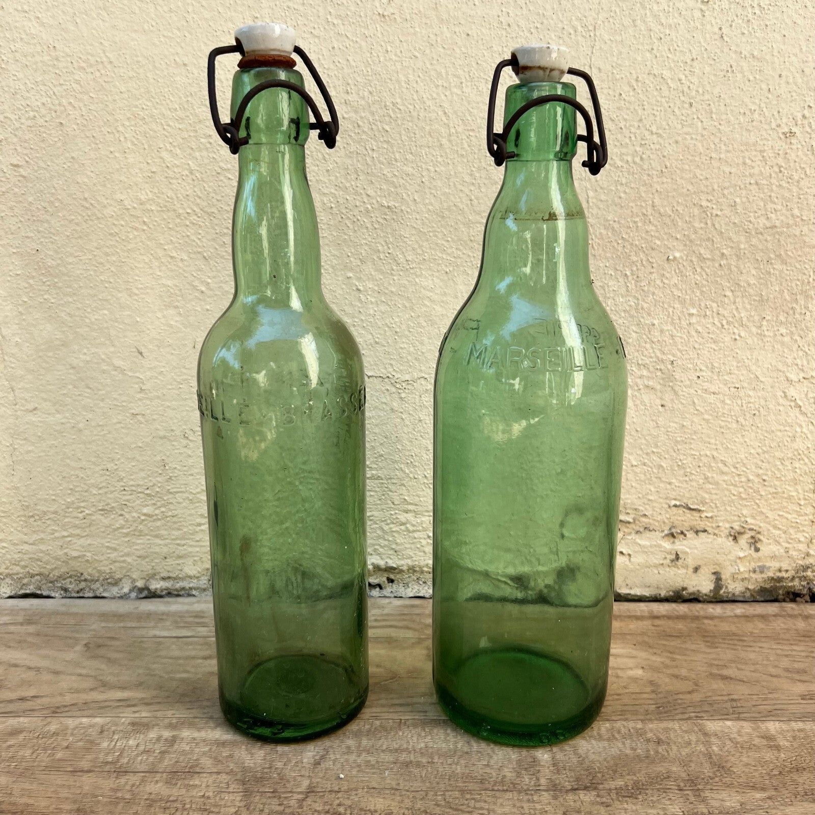 French Vintage Marseille Glass Bottles Green Set of 2 Wire Bail 07062216 Unbranded