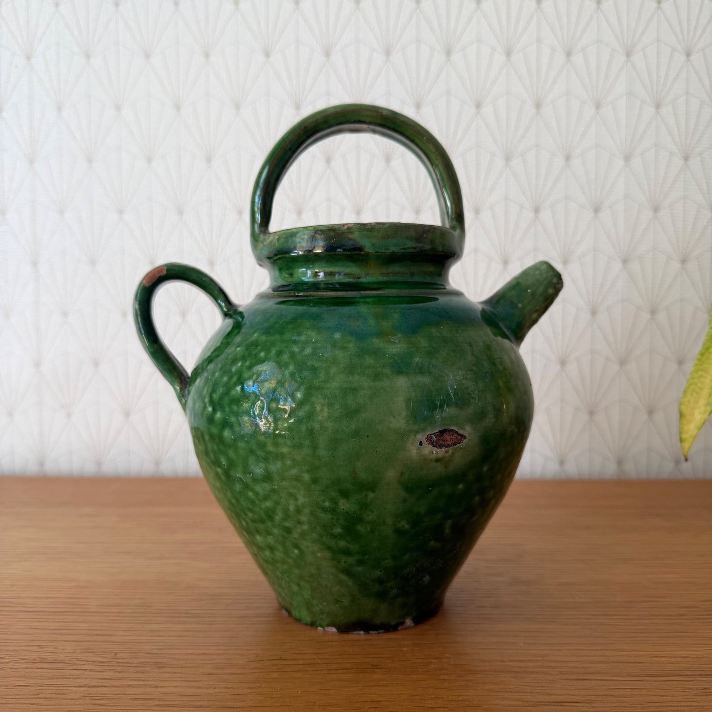 Vintage French Green Glazed Water Jug Gargoulette Pottery 9.4" 28052611 Fleamarketfrance