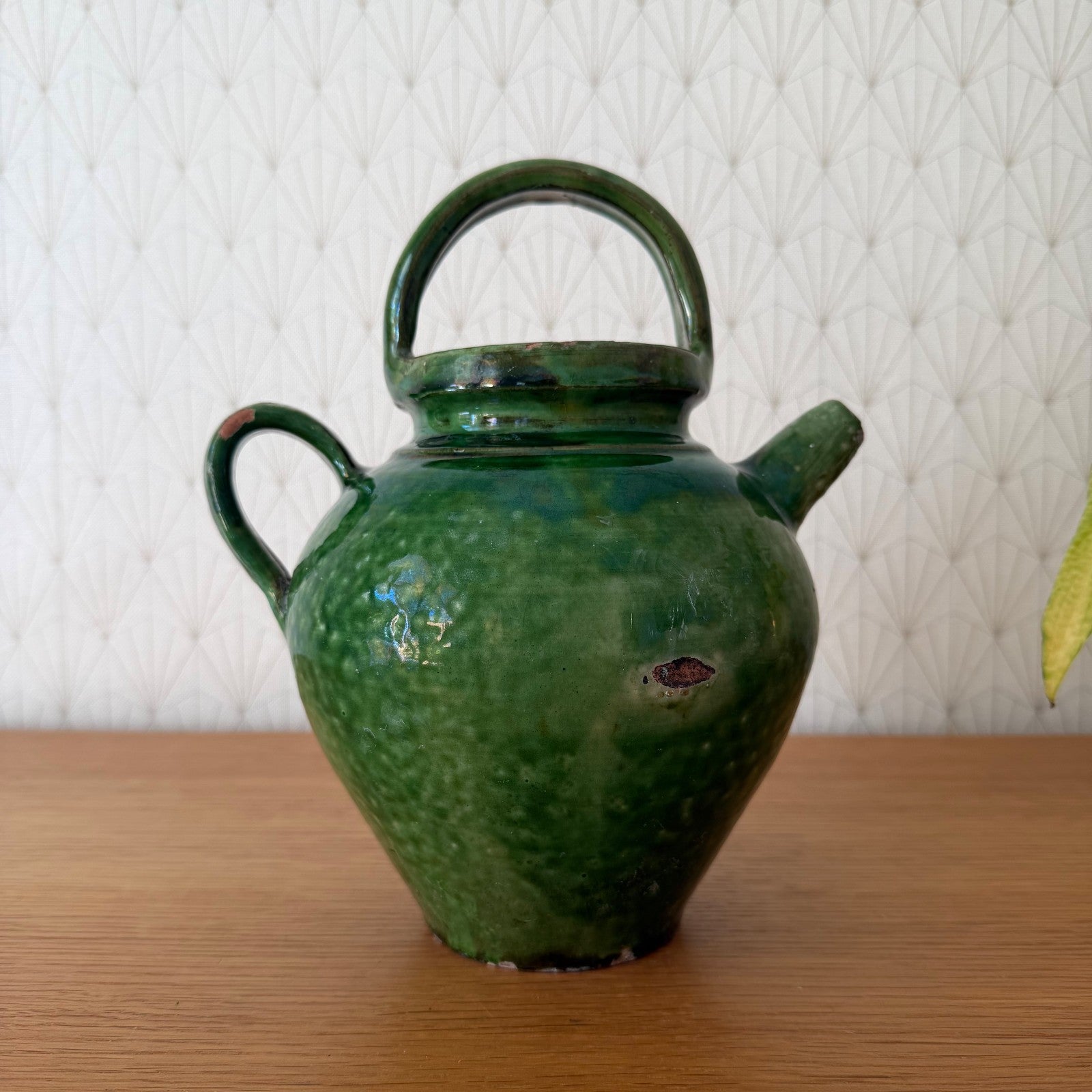 Vintage French Green Glazed Water Jug Gargoulette Pottery 9.4" 28052611 Fleamarketfrance