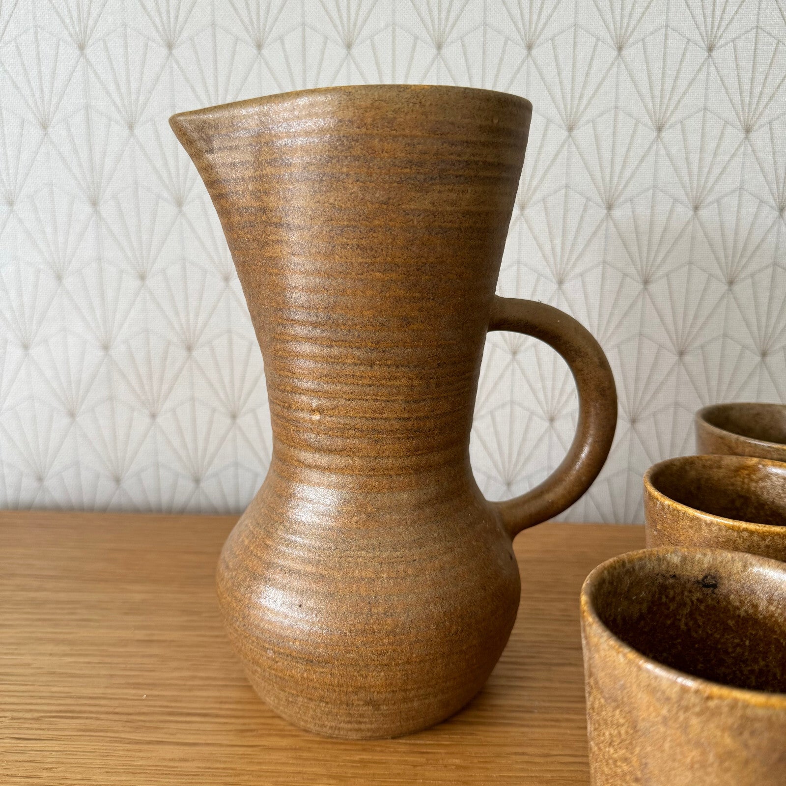 French Stoneware Pitcher Set Digoin Pottery 8 Cups Vintage 08082410 Digoin