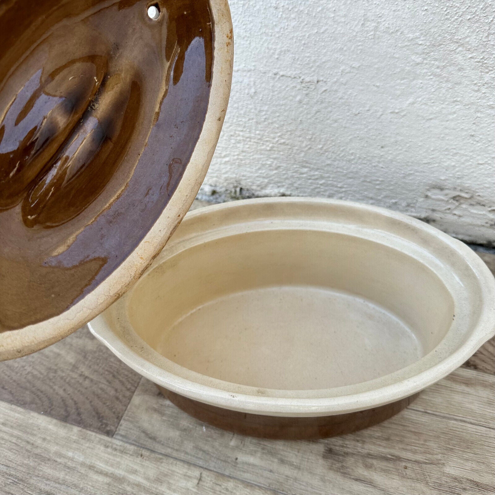 Vintage FRENCH brown beige GLAZED LIDDED STONEWARE TERRINE 12092427 - Fleamarketfrance