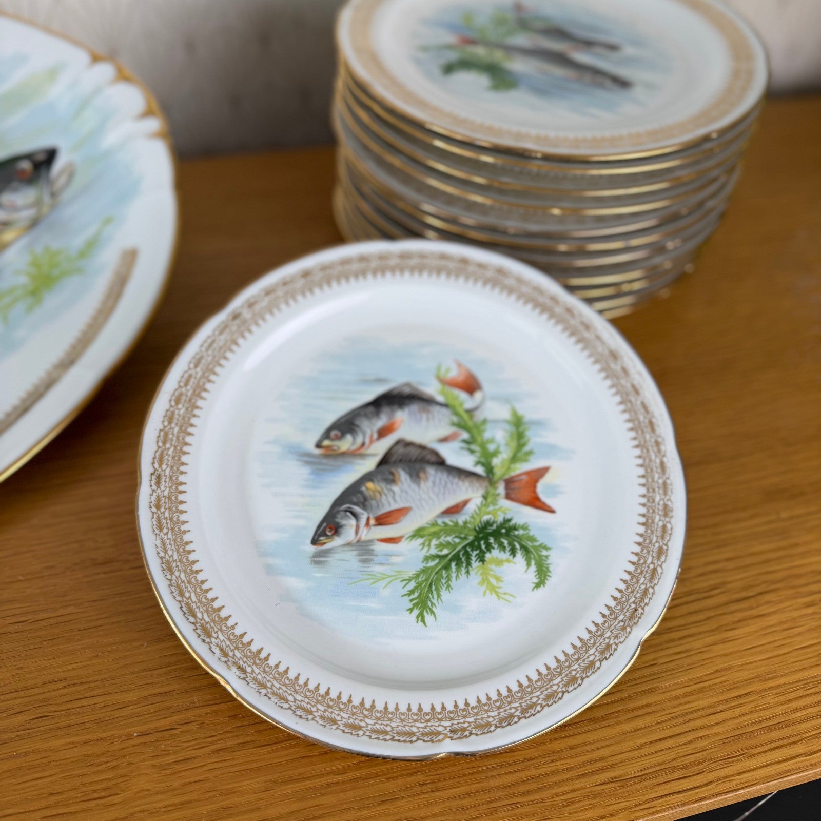 French Fish Plates Vintage Porcelain Set 12 Dinner Plates Serving Tray 2710254 Limoges